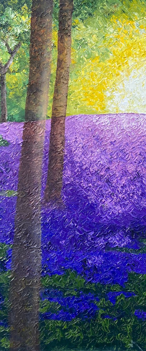 Impasto bluebell wood sunrise by Heather Matthews