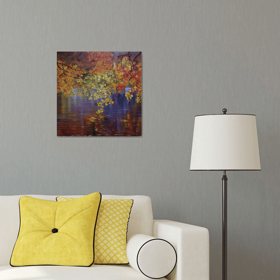 Reflection of autumn, oil painting, original gift, home decor, Bedroom, Living Room, Blue, Leaves, yellow, reflection in water, Lake, Trees