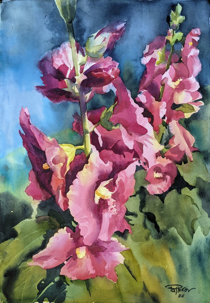 Impressionistic Botanical Watercolour By Yurii Pashkov, 15 X 22", Red Mallows, Original Artwork