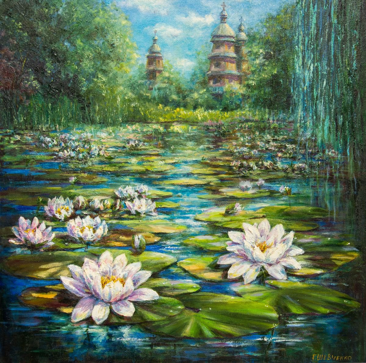 Impressionistic Botanical Oil Painting By Galyna Shevchencko, 24 X 24, Water Lilies, Original Artwork