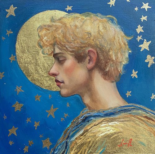 Blond Young Man with gold and turquoise. by Jackie Smith