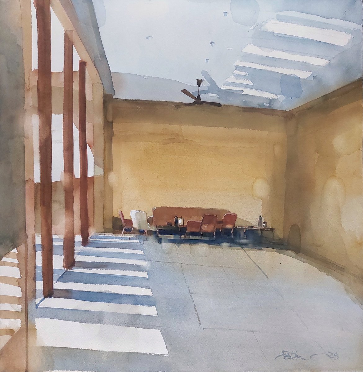 Impressionistic Cityscapes Watercolour By Prashant Prabhu, 18 X 18", Summer Light, Tea Time, Original Artwork