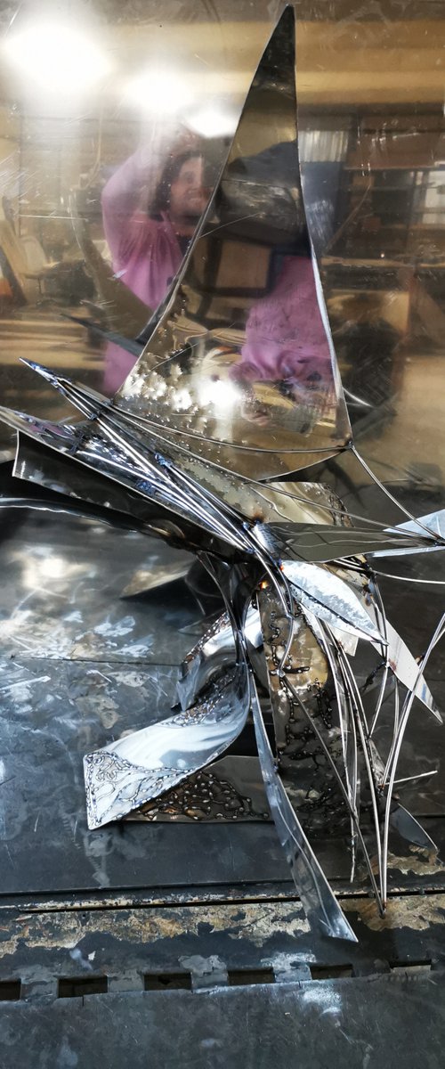 Stunning stainless steel welded large scale sculpture Space bird about flying brutalist deconstructivism by master Kloska by Kloska Ovidiu