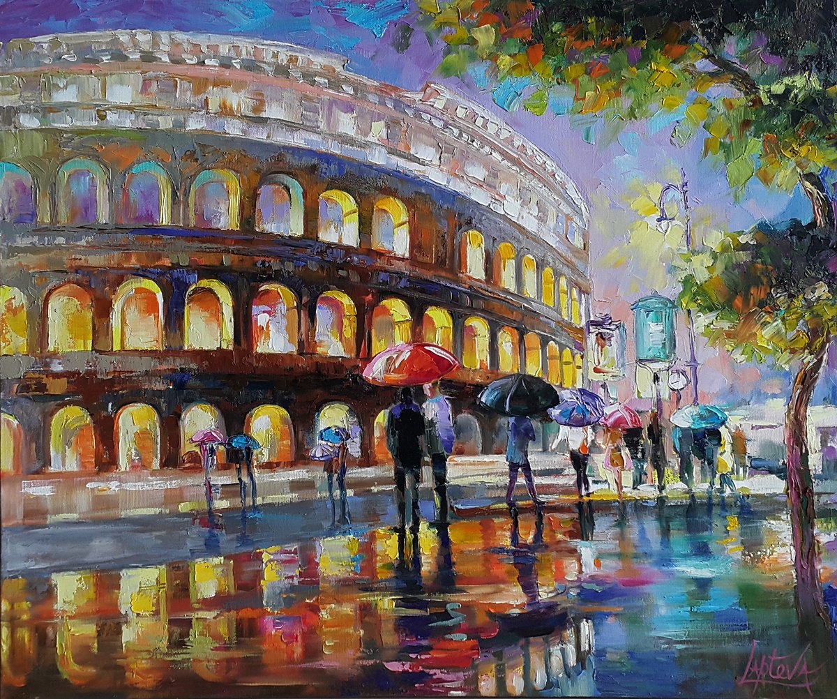 Impressionistic Cityscapes Oil Painting By Viktoria Lapteva, 28 X 24", Rome Colosseum Evening, Original Artwork
