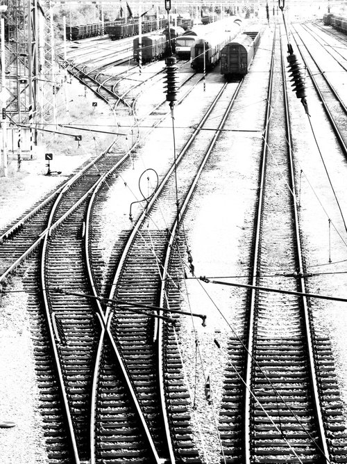 Rail Tracks, minimalist black and white urban city landscape by oconnart