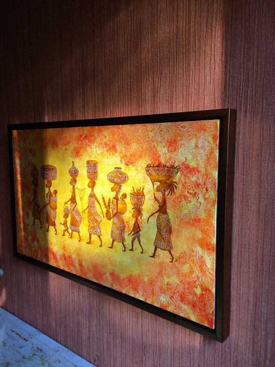 People oil painting - African women with children -  Long artwork in frame for living room (2020)