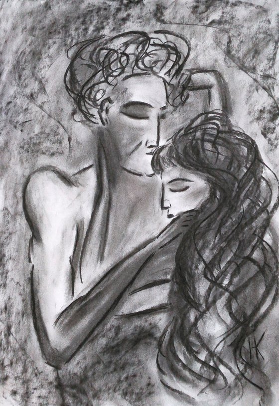 couple in love original charcoal drawing people in love" Saved in beloved hands"