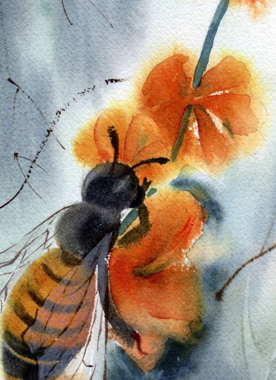 Honey bee with flower Watercolor ORIGINAL Painting