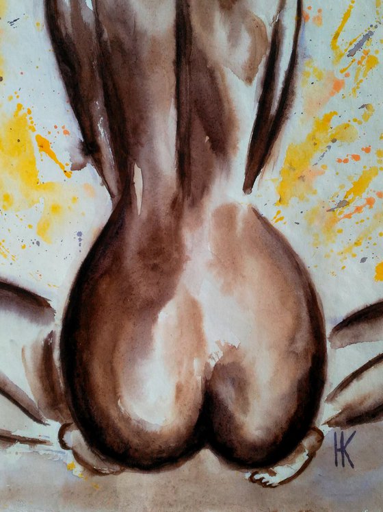 Nude Painting Woman Original Art African Queen Watercolor Female Nude Home Wall Art 12 by 17" by Halyna Kirichenko