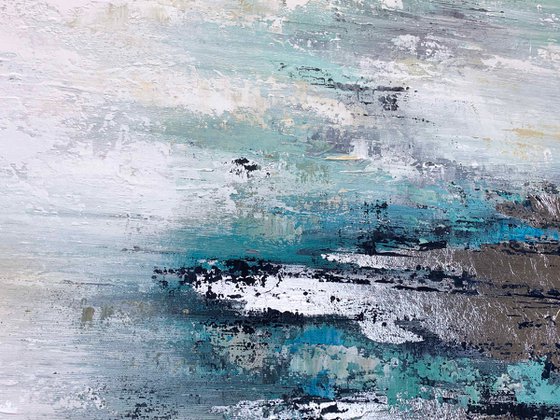 Light Of Day - Abstract White Grey Teal Silver Painting, Square Painting 32" Large Canvas, Minimalist Painting, Living Room Painting