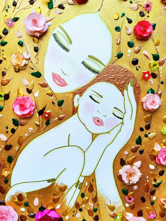 Mother Earth and baby. Summer floral woman with pink flowers