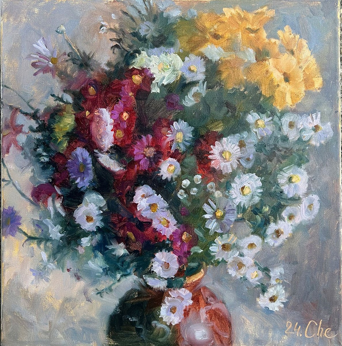 Impressionistic Botanical Oil Painting By Liudmyla Chemodanova, 16 X 16", The Bouquet Of Autumn, Original Artwork