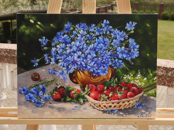 Blue Cornflowers with Strawberries