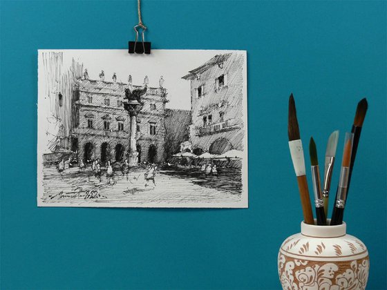Verona, original ink drawing. Cityscape Travel Illustration.