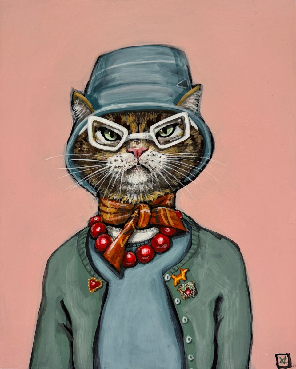 Surrealistic Animal Acrylic Painting By Victoria Coleman, 8 X 10", Phyliss The Fashionable Kitty, Original Artwork