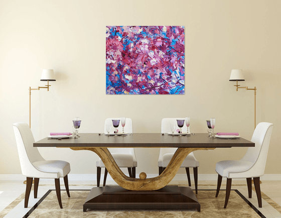 SAKURA BLOSSOM - abstract floral original oil on canvas painting, blue rose cherry-tree, Japan