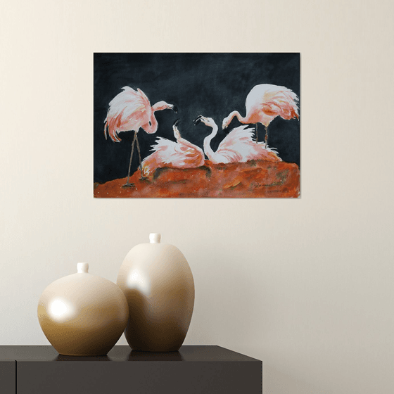 Flamingos / FROM THE ANIMAL PORTRAITS SERIES / ORIGINAL WATERCOLOR PAINTING