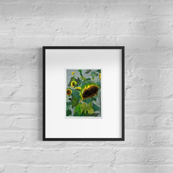 Sunflowers in Abstract Linocut Print