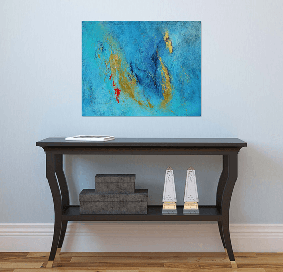 Teal, Blue and Gold Large Abstract Painting. Modern Textured Art