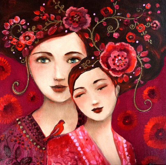 Mes deux M'oiselles 30x30cm mother and daughter.