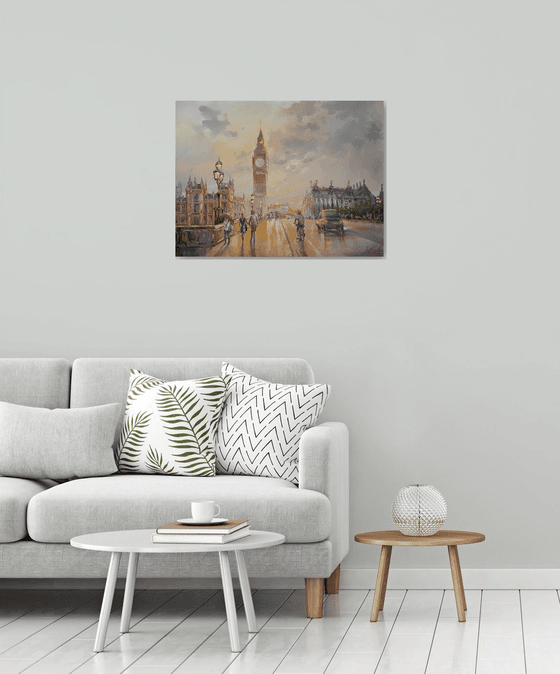 London after the rain - cityscape original oil painting