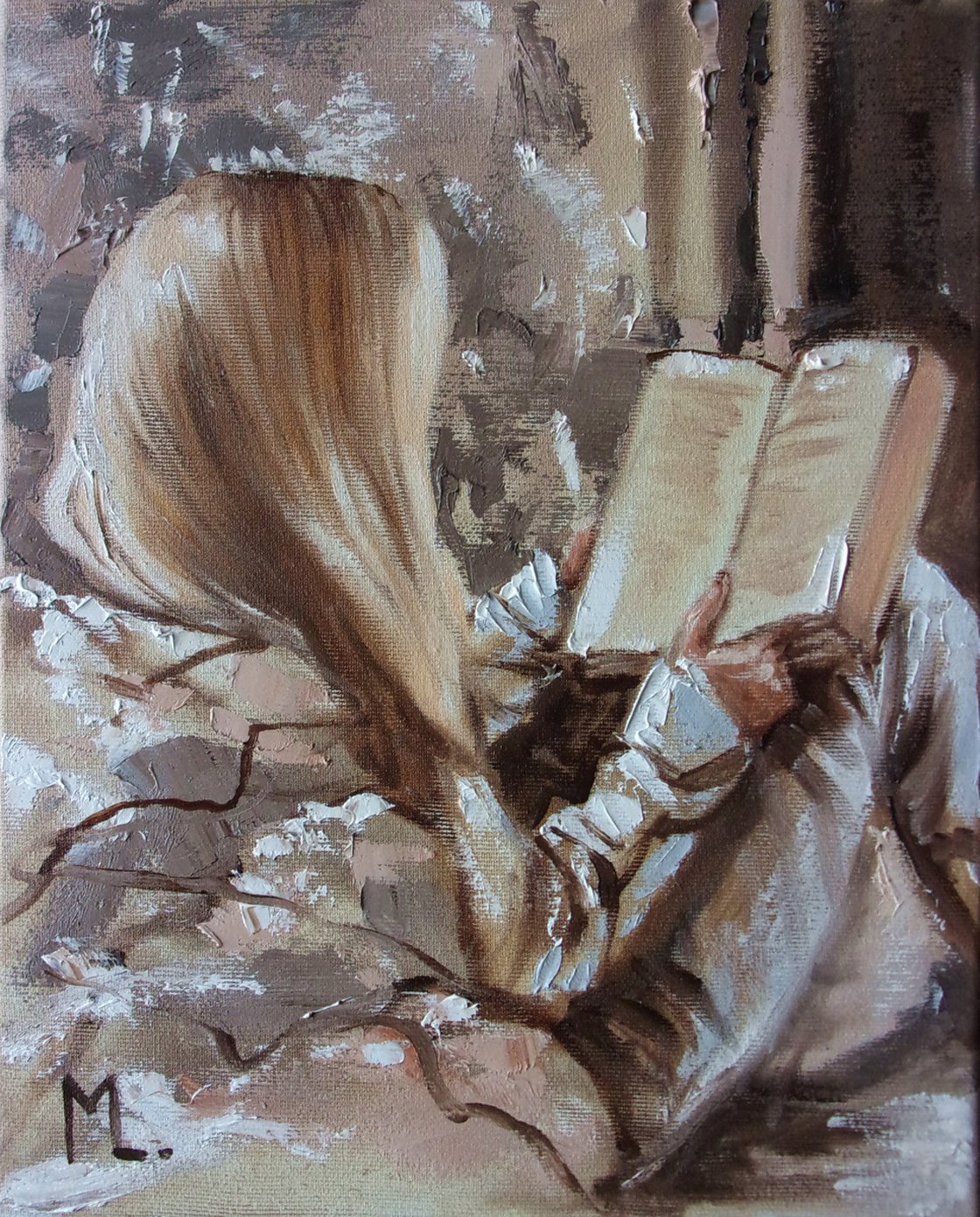 STORY   original painting book reading palette knife GIFT (2019) by  Monika Luniak (2019) : Painting Oil on Canvas - SINGULART