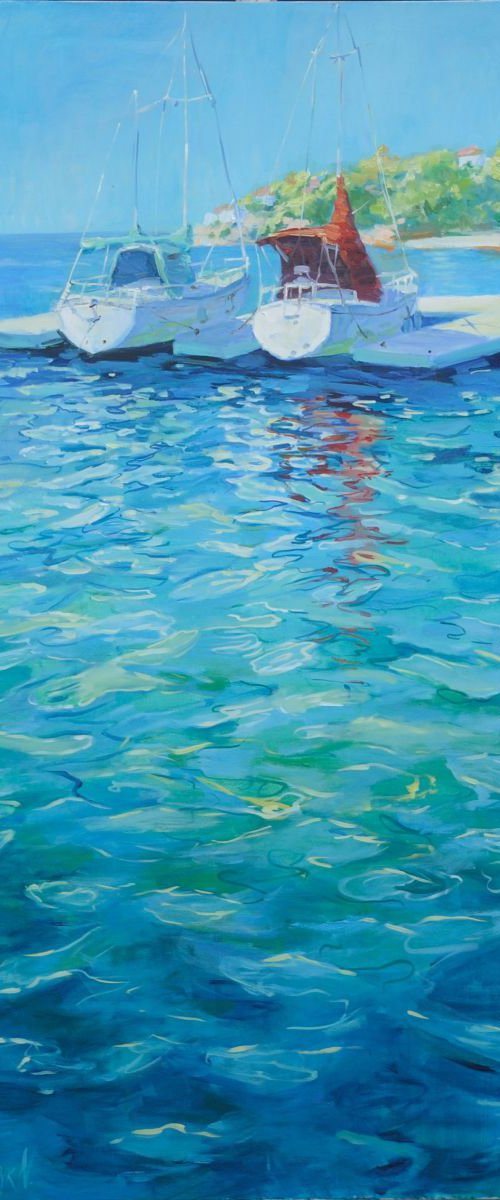 Yachts. Somewhere in Spain ( sea boats  ) XXL landscape oil painting by Nataliia Nosyk