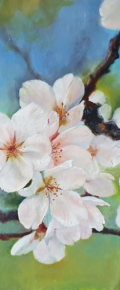 "Apple blossom." apple tree flower spring  liGHt original painting PALETTE KNIFE  GIFT (2020) by Anna Bessonova (Kotelnik)