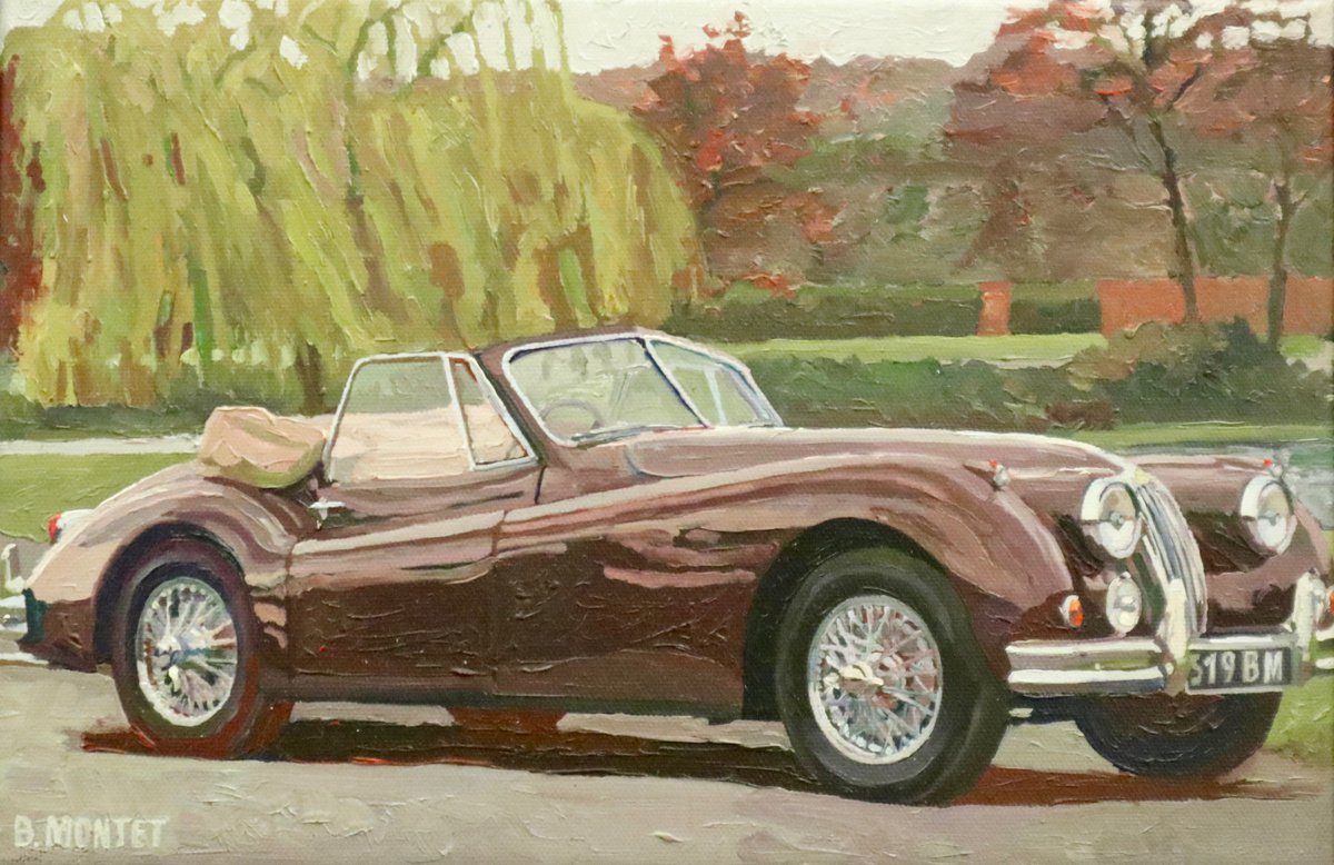 Expressive Transport Oil Painting By Benoit Montet, 14 X 10, Jaguar En Automne , Original Artwork