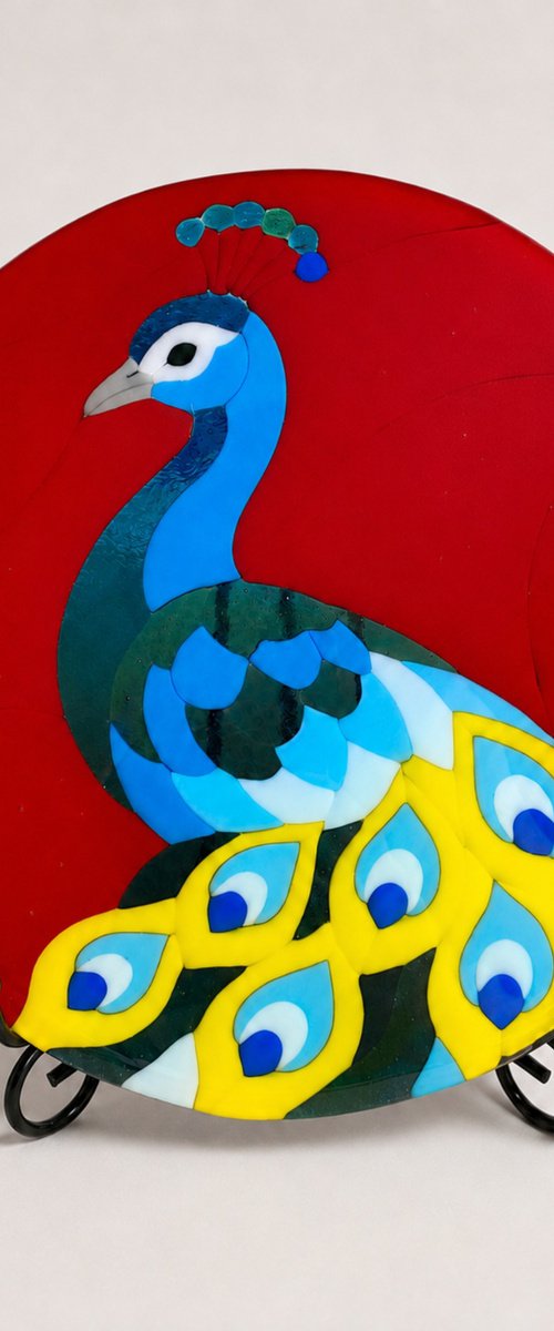 Peacock Fused Glass Bird Art by Oksana Saladino