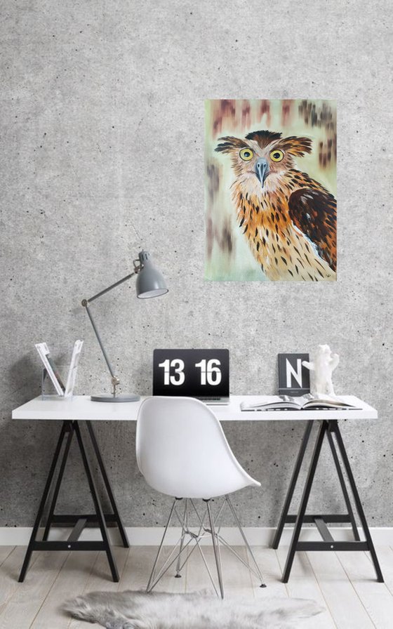 Hello brother! original owl oil painting, funny face, gift idea, art for home