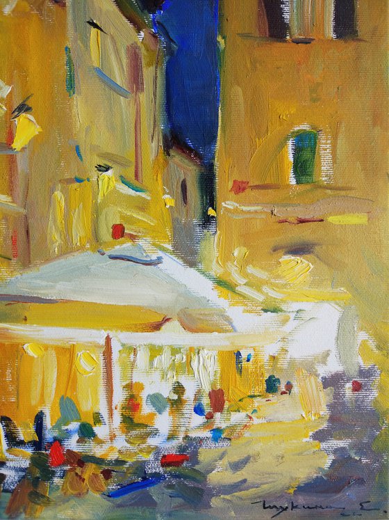 Evening cafe Streets of Rome Italian holiday series.  Original plein air oil painting .