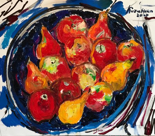 BLUE and RED - Still- life with fruits, original oil painting, mediim size gift, kitchen restaurant living room, dining room, birthday gift, apple pear, 73x85cm by Karakhan