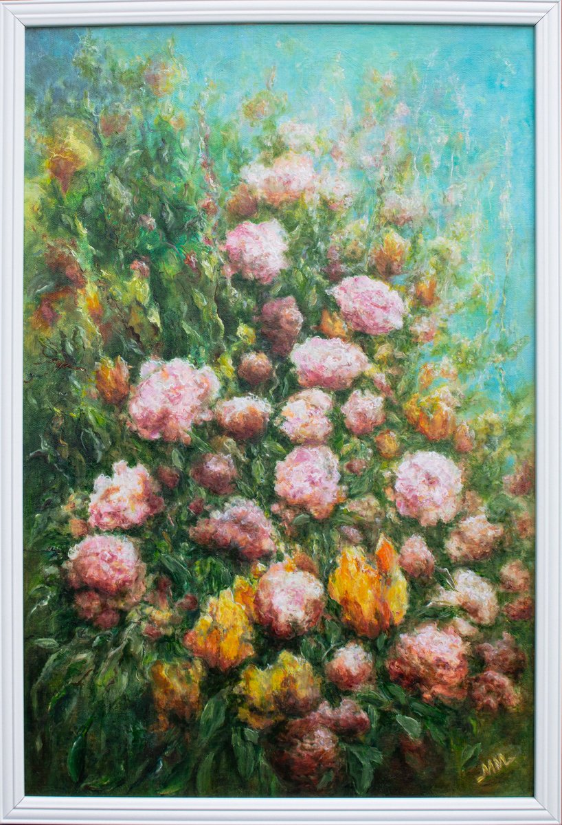 Expressive Botanical Oil Painting By Mila Moroko, 22 X 31", Waltz Of Flowers, Original Artwork