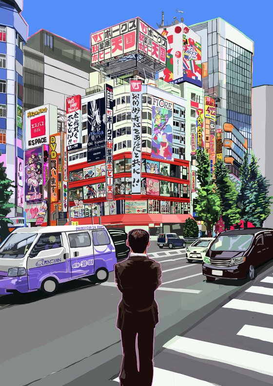 A3 Salaryman, Tokyo, Japan (Blue Sky), Illustration Print