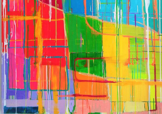 LARGE ABSTRACT COLORFUL INTERIOR DESIGN COMMERCIAL DECOR OFFICE RESTAURANT OVERSIZED COLORBLOCK "Rainbow Drip 101" 48" X 60"