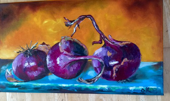 STILL LIFE WITH  RED ONIONS HOME DECOR purple blue and yellow