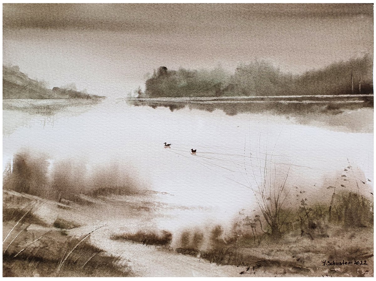 Impressionistic Landscape Watercolour By Yulia Schuster, 12 X 9", Sepia, Original Artwork