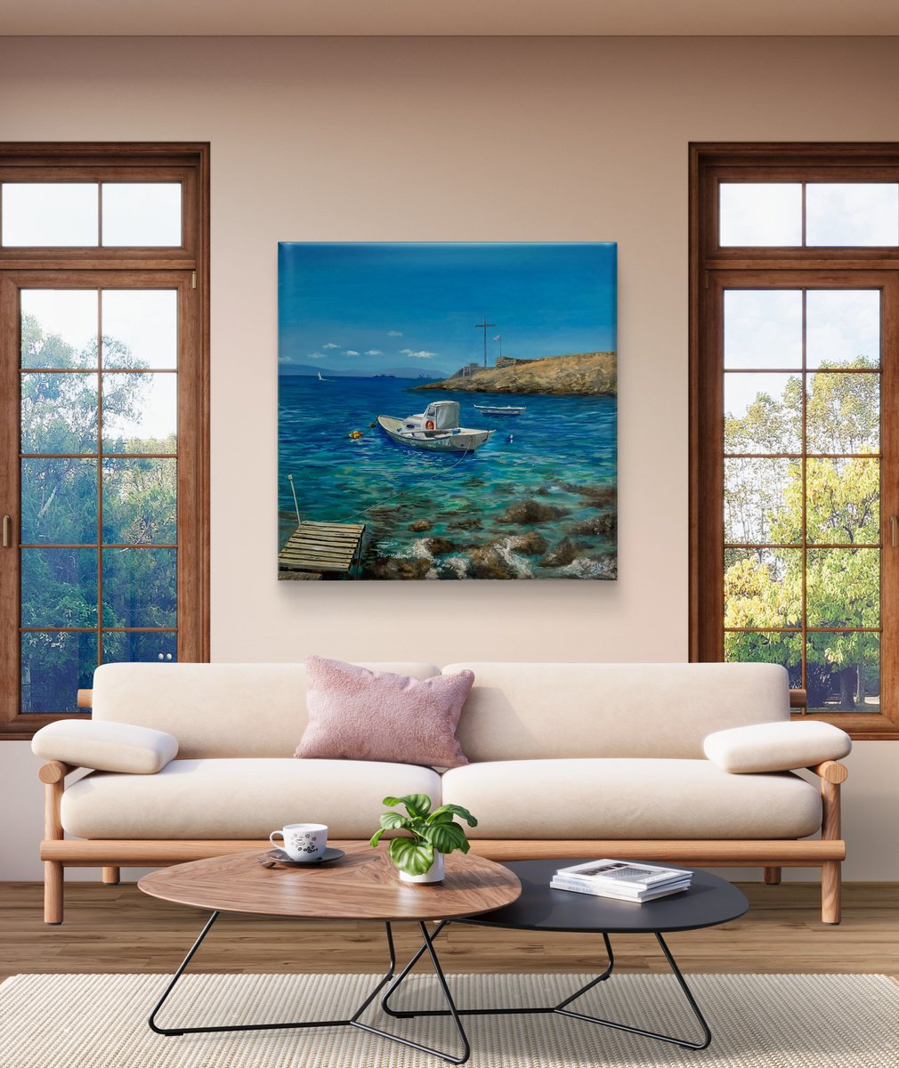 Impressionistic Landscape Oil Painting By Aisylu Burangulova, 35 X 35, Sunny Greece, Original Artwork