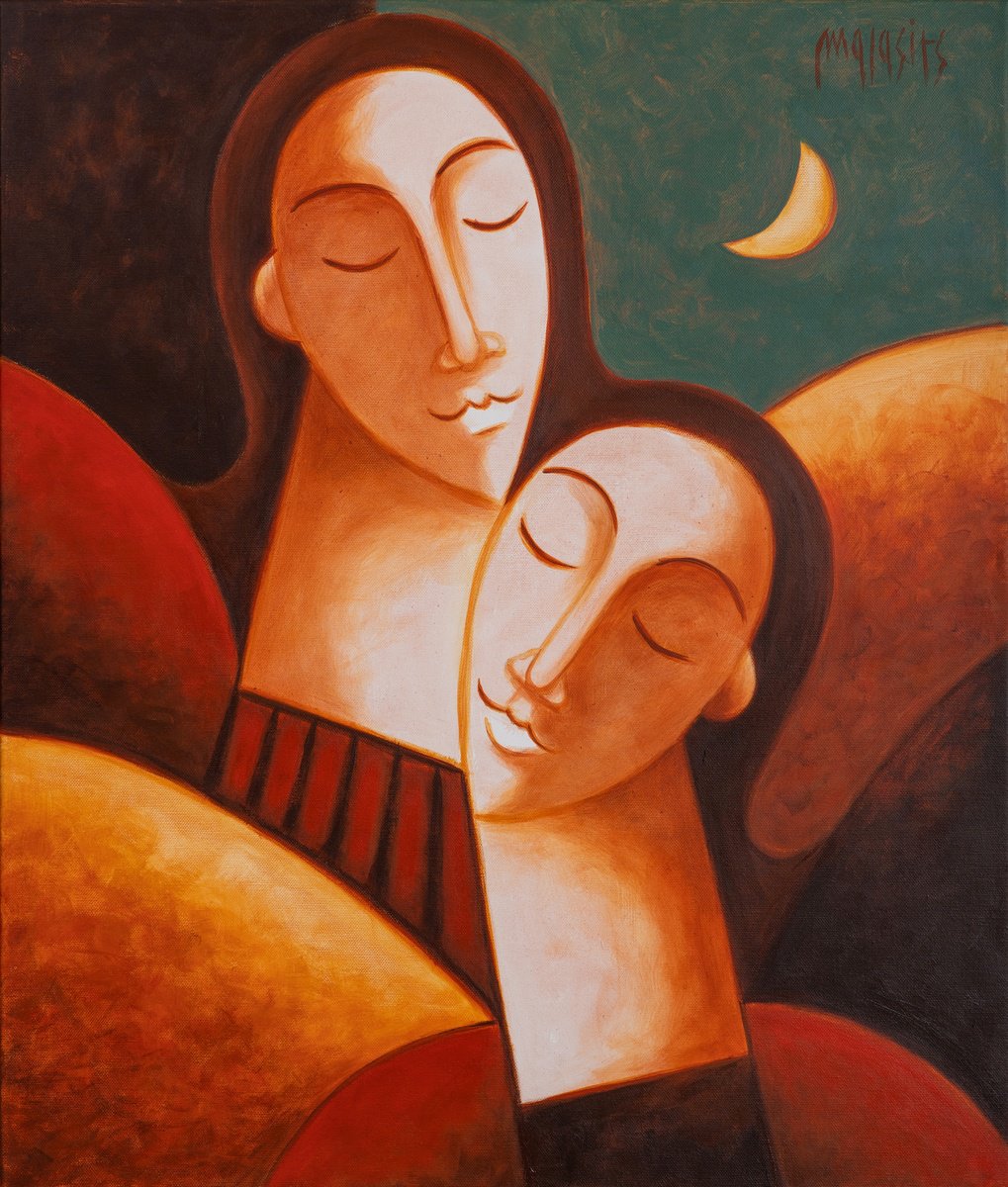 Surrealistic Portrait Oil Painting By Malasits Zsolt, 24 X 28", Guardian Angels 6., Original Artwork