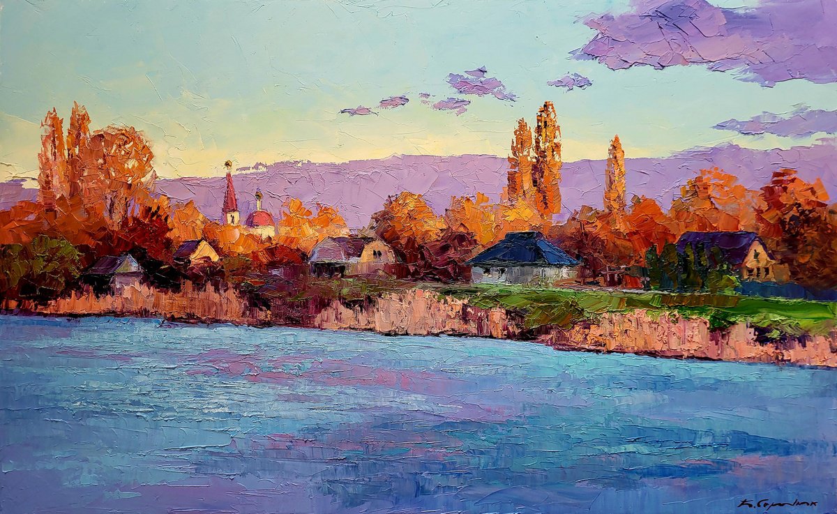 Impressionistic Landscape Oil Painting By Boris Serdyuk, 35 X 22, Behind The River, Original Artwork