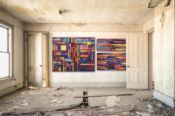 "Building A Fortress" - Original Xt Large PMS Abstract Triptych Oil Paintings On Canvas, Wooden Panels and Wooden Pieces - 108" x 48"