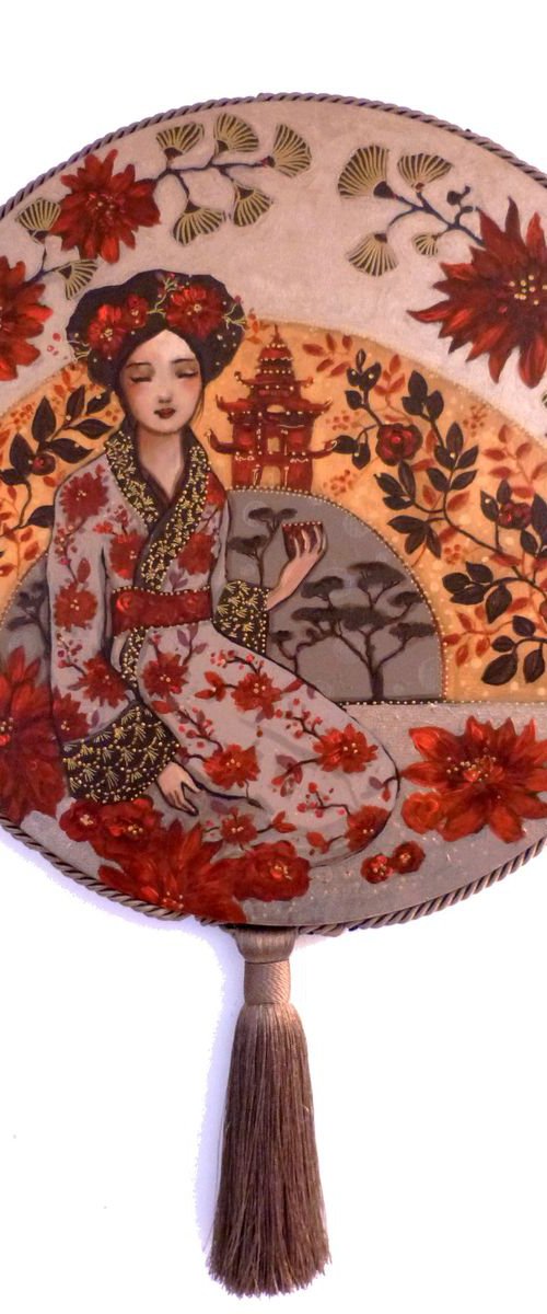 Round canvas, woman at the tea ceremony. "The ceremony" by Loetitia Pillault