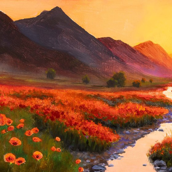 Poppies by the river at twilight