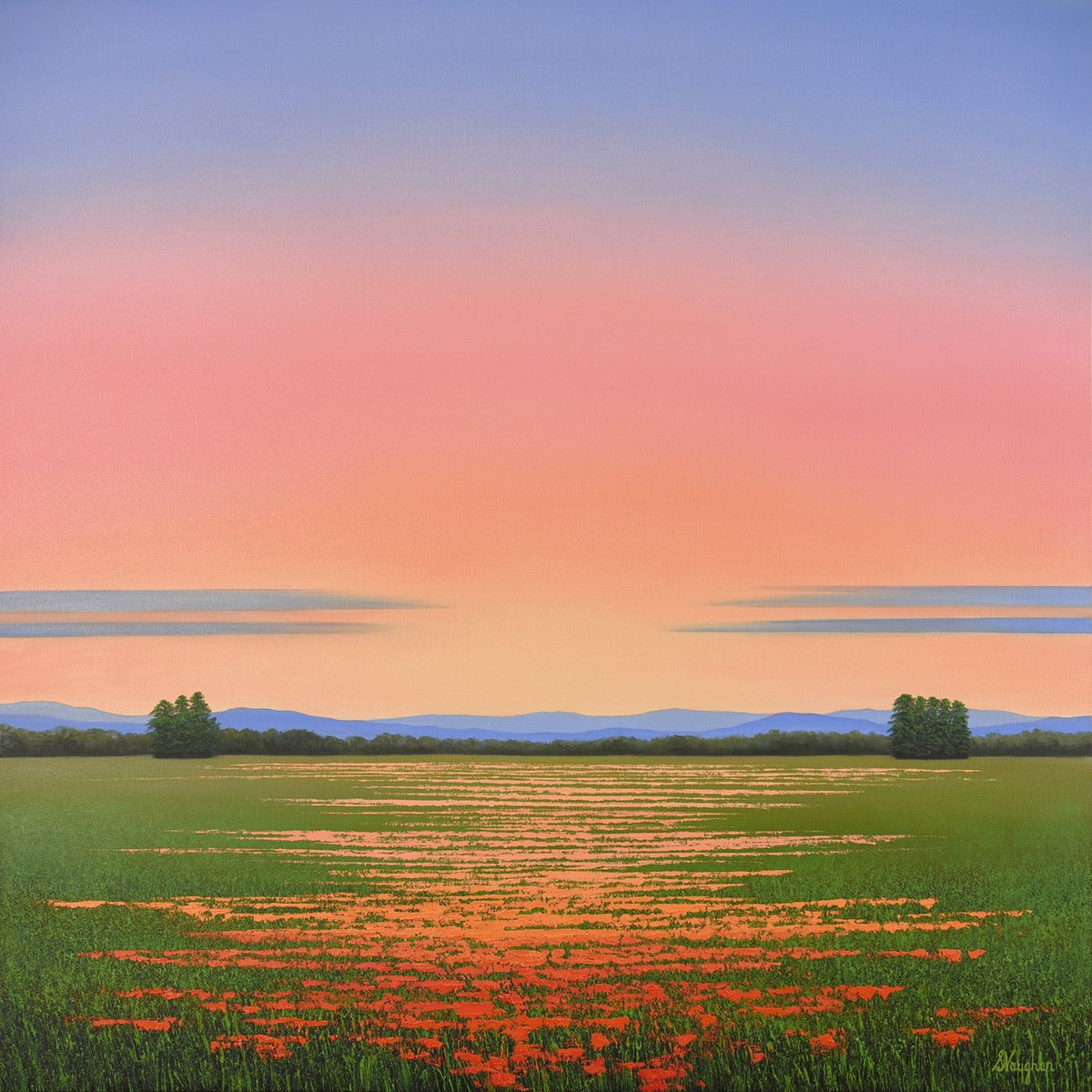 Impressionistic Landscape Oil Painting By Suzanne Vaughan, 30 X 30", Evening Blush, Original Artwork