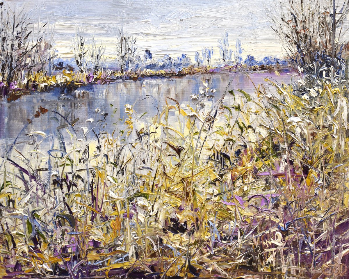 Impressionistic Landscape Oil Painting By Sonja Brussen, 20 X 17", Bird Friends, Original Artwork