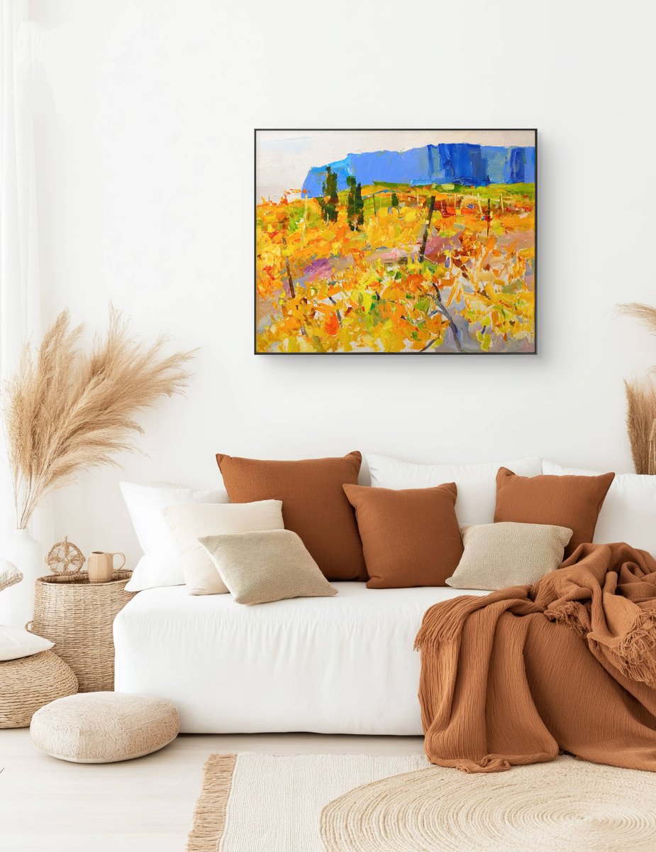 Impressionistic Landscape Oil Painting By Yehor Dulin, 37 X 30", "Vineyards In The Mountains ", Original Artwork