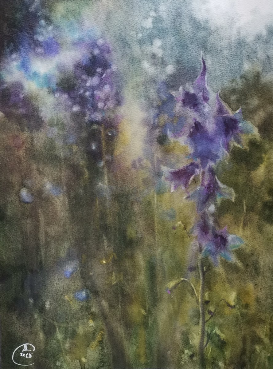 Impressionistic Botanical Watercolour By Tatyana Tokareva, 12 X 16", Blue Forest, Original Artwork