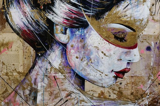 Shizukesa 120cm x 120cm Geisha Book Page Textured Abstract Realism Art