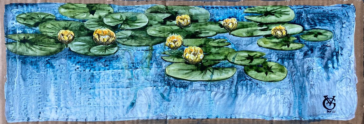 Impressionistic Botanical Painting By Valeria Golovenkina, 24 X 8", Water Lilies In Yellow 3, Original Artwork